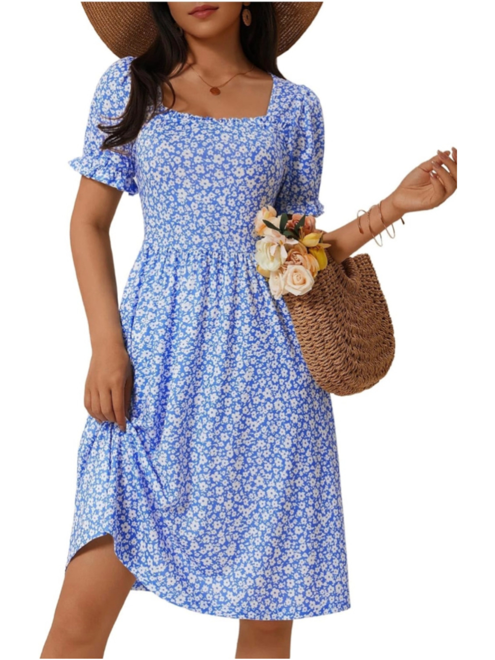 NEW Square Neck Dress Floral Puff Sleeve A Line Midi Dress Pockets S